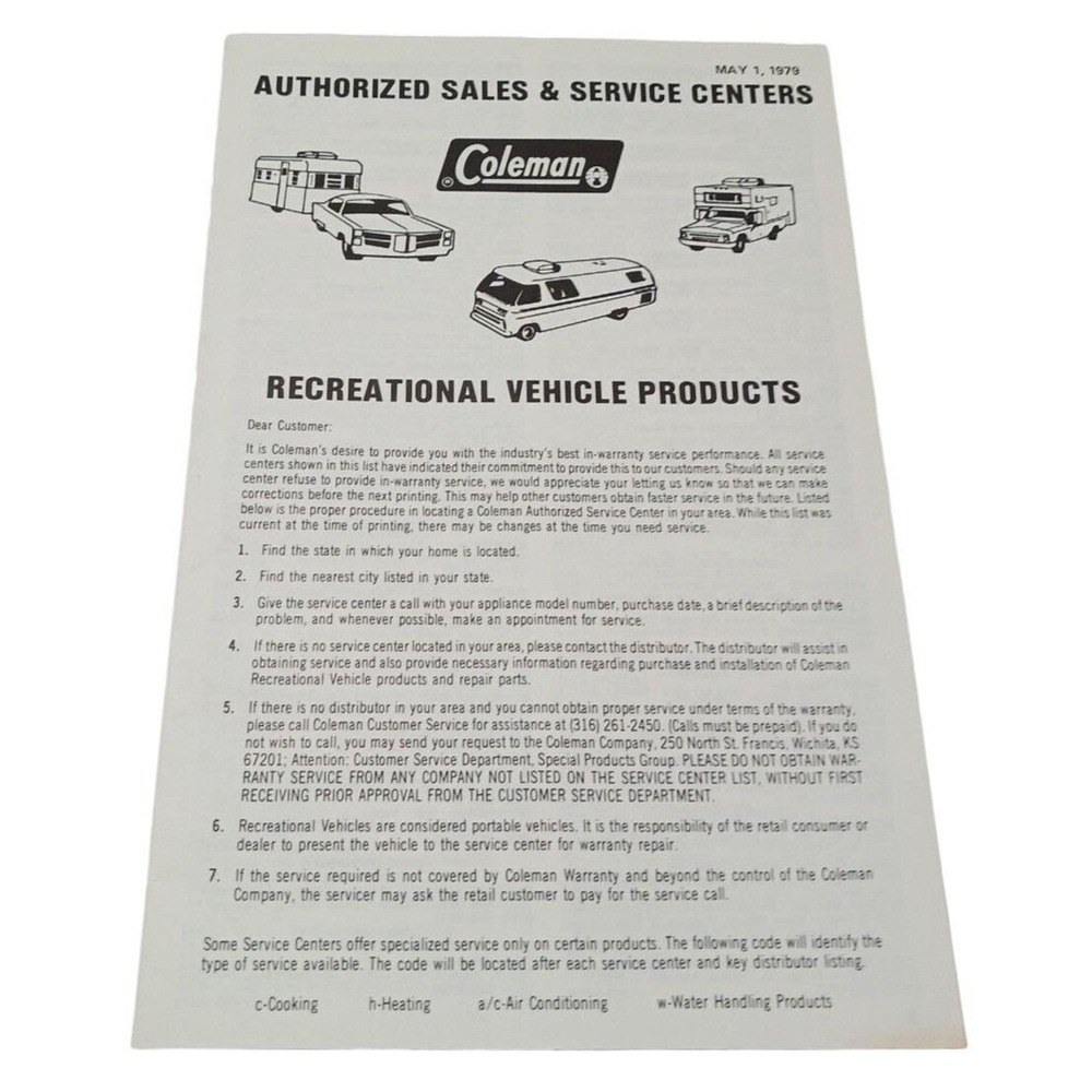 Coleman Authorized Sales & Service Centers 1979 RV Products Directory‎ Manual